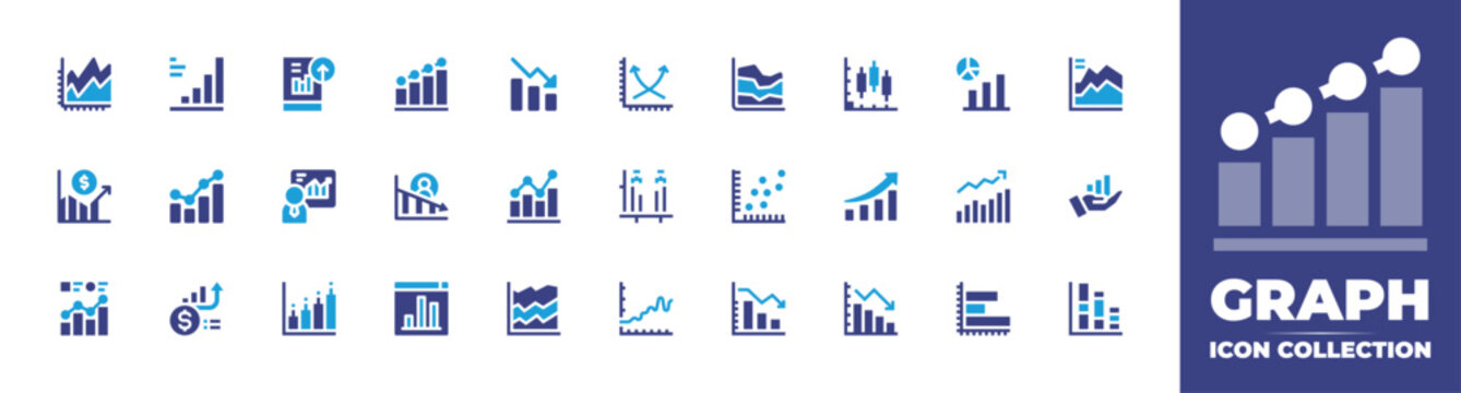 Graph icon collection. Duotone color. Vector and transparent illustration. Containing chart, graph, growth, market, decline, line graph, bar chart, line chart, loss, grow, scatter, statistics, growth.