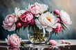 beautiful white and pink peonies in a glass vase,oil paintings on canvas, fine art, reflection, still life, vase, flowers, spring