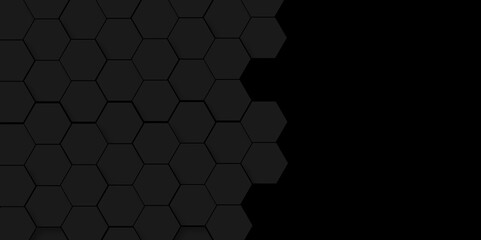 Background of abstract black hexagon background design a dark honeycomb grid pattern. Abstract octagons dark 3d background. Black geometric background for design.