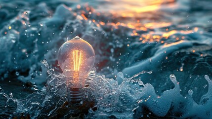 Wall Mural -  a light bulb in the middle of a body of water with water splashing around it and a sunset in the background.