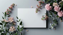 Top View Mockup Square White Blank Card Sheet Of Paper With Pink Sakura Flower Branch Background. 3D Flat Greeting Card Valentine Mockup