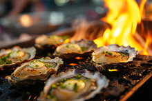 Fresh Oysters At The Food Market. Fresh Seafood Appetizers. Bbq Grilled Scallops On Fire. Thai Seafood Grilled Scallops With Butter And Cheese