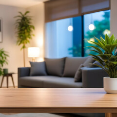 Wall Mural - Empty countertop blurred living room interior of the background.