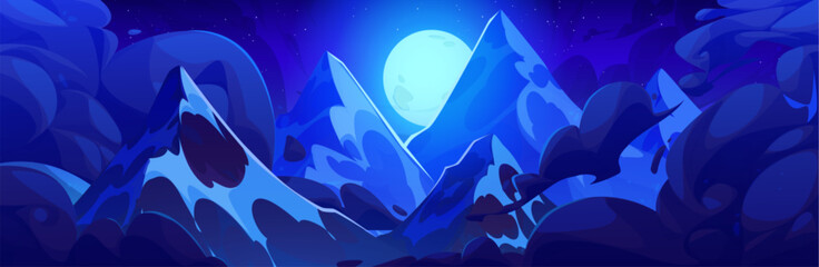 Wall Mural - Top of high rocky mountains above clouds at night with moonlight. Cartoon vector illustration dark dusk landscape with stone hill peaks with haze and fog against blue sky with full moon light.