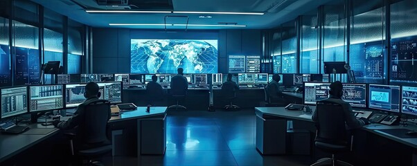 Wall Mural - Innovative command hub. Futuristic technology center with holographic screens by corporate professionals creating vision of future workspace ideal for depicting information management and control