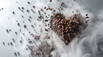 Wall Mural - a heart made out of coffee beans on top of a cloud of smoke with a small amount of coffee beans in t