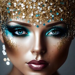 Wall Mural - close-up photograph of a model gorgeous face of a woman made of glitter and sparkles and jewelry 