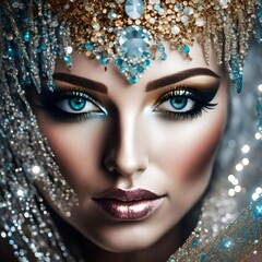 Wall Mural - close-up photograph of a model gorgeous face of a woman made of glitter and sparkles and jewelry 