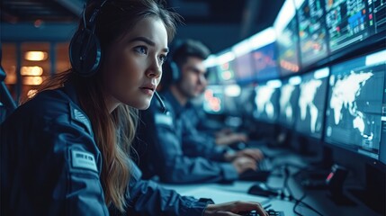 Aufkleber - Female and Male Military Officers Working at System Control Center, Government Surveillance Agency and Military Joint Operation. Generative AI.