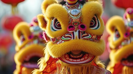 Sticker - A Chinese traditional costumes with lion dancers. Generative AI.