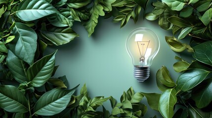 Wall Mural - Green eco friendly light bulb from fresh leaves top view on contrasting background with copy space. Generative AI.