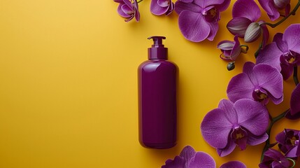 Empty glossy maroon shampoo container surrounded by violet orchids on a goldenrod background.