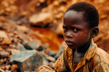 Wall Mural - Conceptual image of an African child suffering in inhumane mining conditions. Cobalt mining. poor hungry African children