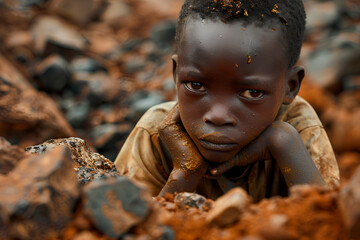 Wall Mural - Conceptual image of an African child suffering in inhumane mining conditions. Cobalt mining