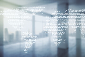 Wall Mural - multi exposure of abstract graphic world map on modern interior background, big data and networking 