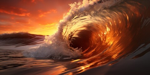 Wall Mural - A dramatic ocean wave forms a tube, providing an exhilarating opportunity for surfing, with the backdrop of a captivating sunset, creating a breathtaking and dynamic scene.