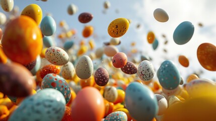 Wall Mural - a bunch of eggs flying in the air with a lot of them in front of a sky filled with clouds.