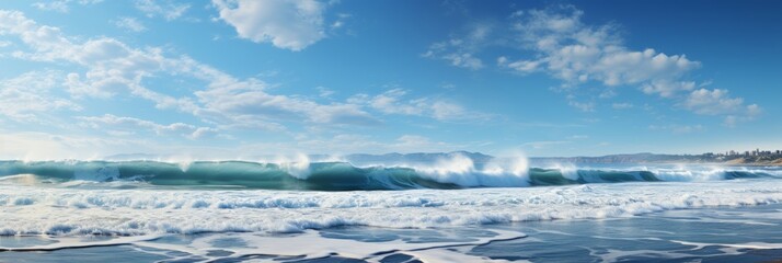 Wall Mural - Strong and dynamic ocean waves crash with force, set against a sky adorned with fluffy clouds, creating a dramatic and atmospheric maritime scene.
