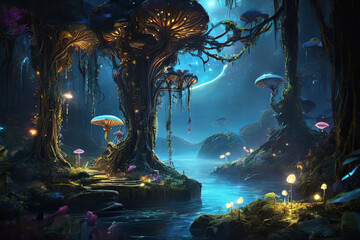 Wall Mural - Enchanting Pandora night. Bioluminescent forest with glowing plants, creatures, woodsprites. Serene scene evoking an otherworldly landscape.