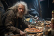 Old and Poor Man Eating on the Street, Disheveled and Dirty