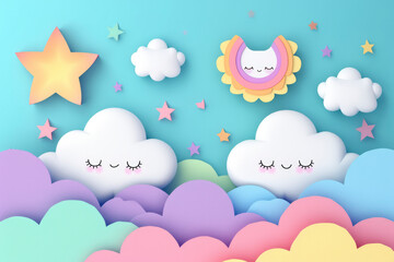 Wall Mural - Fantasy Pastel Colorful Sky with Clouds and Stars Background in a paper cut and paste style