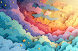 © surassawadee - Kawaii Fantasy Pastel Colorful Sky with Clouds and Stars Background in a paper cut