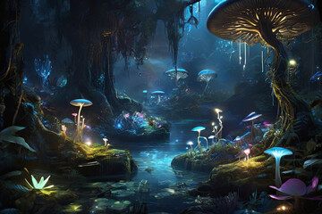 Wall Mural - Enchanting Pandora night. Bioluminescent forest with glowing plants, creatures, woodsprites. Serene scene evoking an otherworldly landscape.