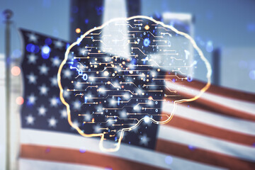 Wall Mural - double exposure of creative human brain microcircuit hologram on us flag and city background. future