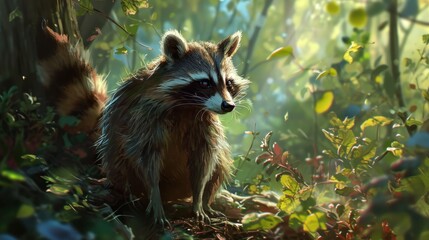 Poster -  a painting of a raccoon sitting in the middle of a forest with lots of leaves on the ground.