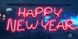Happy New Year, realistic large neon sign, bokeh, reflections, constructed with vintage steel supports that says 