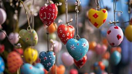 Wall Mural -  a bunch of colorful heart shaped ornaments hanging from a line of strings in front of a building with a blue sky in the background.