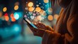 © AI Visual Vault - Cozy Evening Smartphone Use with Heart Bokeh.Person using smartphone with heart-shaped bokeh lights.