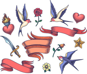 Wall Mural - old school tattoo elements collection