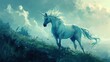  a white unicorn standing on top of a lush green hillside next to a forest filled with birds and clouds on a cloudy day.