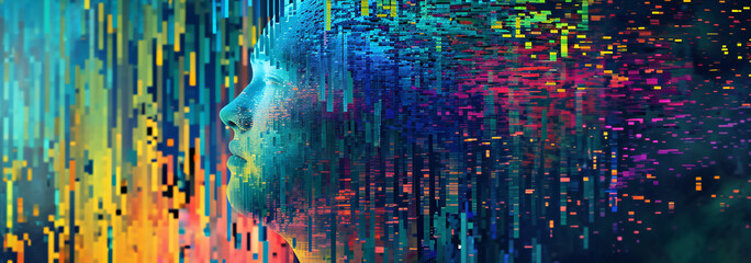 face with matrix digital colors. futuristic image of an artificial intelligence