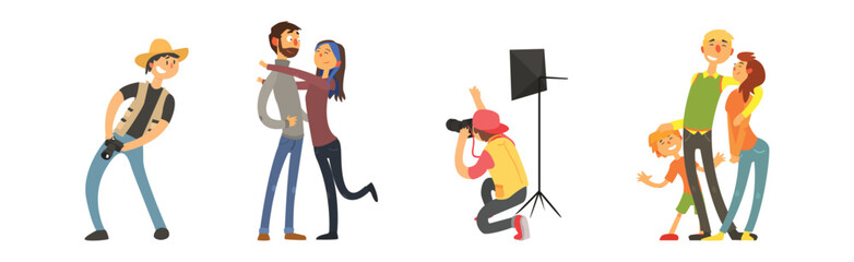 Sticker - People Character Take Photo Posing and Smiling and Cameraman Vector Set