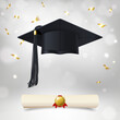 Graduate Cap with Diploma and Congratulatory Golden Confetti
