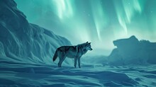  A Wolf Standing On Top Of A Snow Covered Slope Under A Green And Blue Sky With Aurora Lights In The Background.
