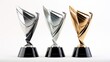 Three different kind of golden trophies. isolated on a white background