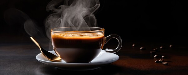 Wall Mural - A cup of hot espresso coffee with a steam.