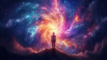 A Person Silhouetted Against A Vibrant Cosmic Backdrop.