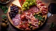 A charcuterie board with an assortment of meats, olives, and wine.