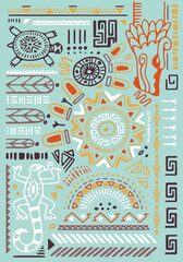 Wall Mural - Ancient Mexican ornament poster. Aztec symbols, Maya elements, African print on abstract tribal pattern. Wall art, interior decoration in boho style. Ethnic background. Flat vector illustration