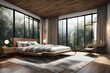 Step into a realm of tranquility with a Generative AI depiction of a contemporary bedroom, seamlessly merging a lush forest view with elegant wooden accents. Experience perfection in every