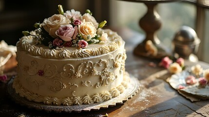 Wall Mural - a wedding cake that is on a table by a window