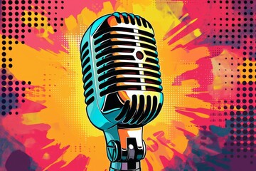 A colorful illustration of a vintage microphone against a pop art background.