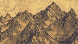 Fototapeta  -  a drawing of a mountain range in sepia and black ink on a brown paper with a grungy background.