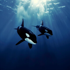 Two Orcas swim together in the deep blue sea, illuminated by sunbeams filtering down from above.