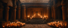Mystical Ancient Temple With Steps Made Of Stone, On The Sides Of The Stairs Are Altars With A Bright Red Fire, The Entrance To The Temple Is Surrounded By Columns, It Is Dark Inside.