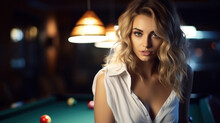 Blond woman posing with table with green surface in billiard club. Pool game snooker pyramid player